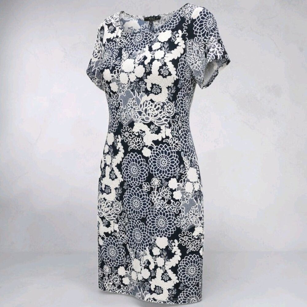 Tiana B Shift Dress Womens 14W Blue White Textured Floral Made In USA Boho-Glam